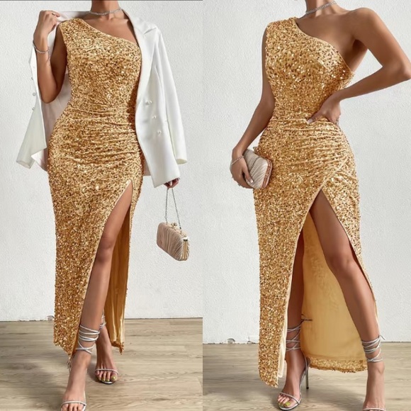 Luxe baby pink one shoulder slit thigh party formal evening sequins dress - Picture 10 of 16